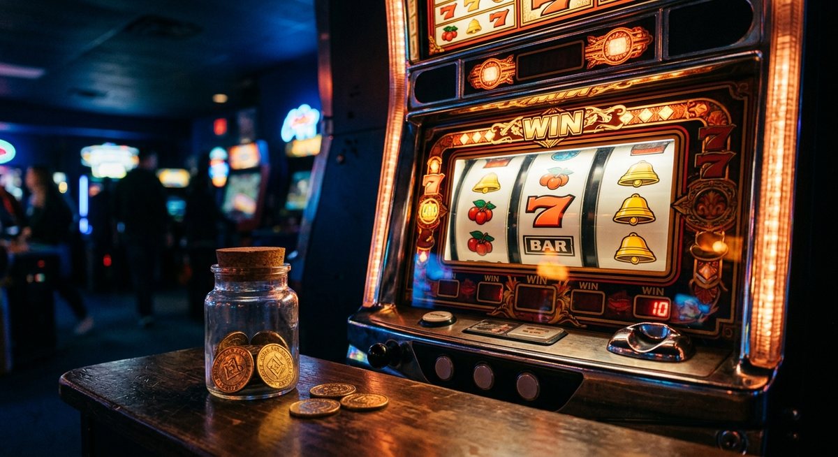 Stoples kecil berisi koin contoh di samping kabinet slot besar menyala